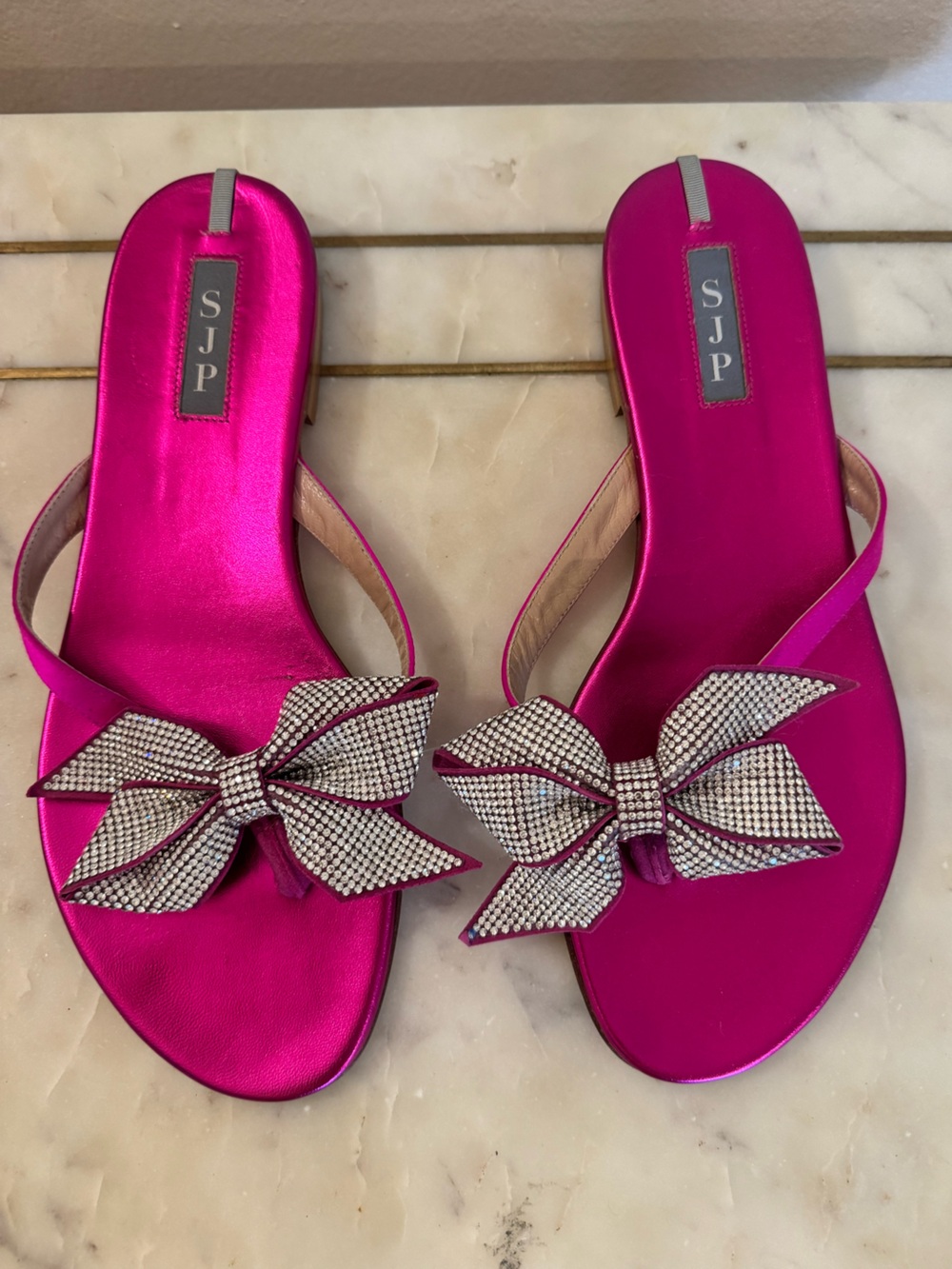 SJP by Sarah Jessica Parker Fuchsia Satin Thong Sandals with Rhinestone Bow
